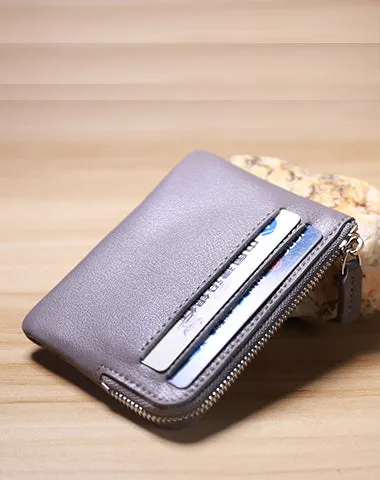Slim Women Gray Leather Card Wallet Minimalist Zip Billfold Card Holder Wallet Coin Wallet For Women