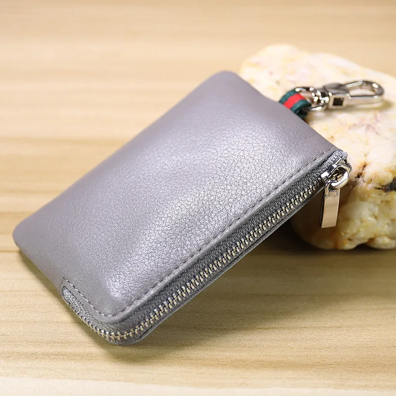 Slim Women Gray Leather Zip Wallet with Keychains Minimalist Coin Wallet Small Zip Change Wallet For Women