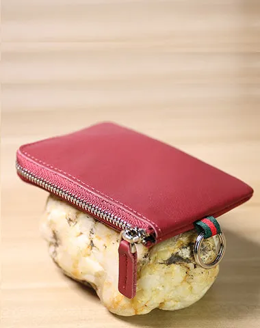 Slim Women Green Leather Mini Zip Wallet with Keychain Billfold Minimalist Coin Wallet Small Zip Change Wallet For Women