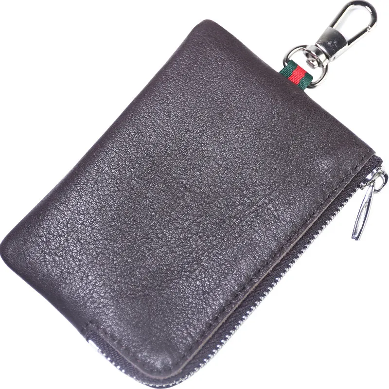 Slim Women Pink Leather Zip Wallet with Keychains Minimalist Coin Wallet Small Zip Change Wallet For Women