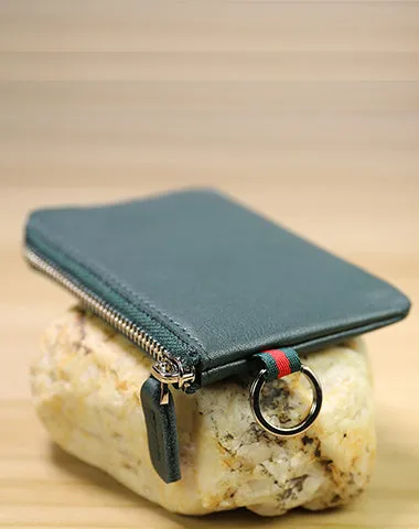 Slim Women Red Leather Mini Zip Wallet with Keychain Billfold Minimalist Coin Wallet Small Zip Change Wallet For Women