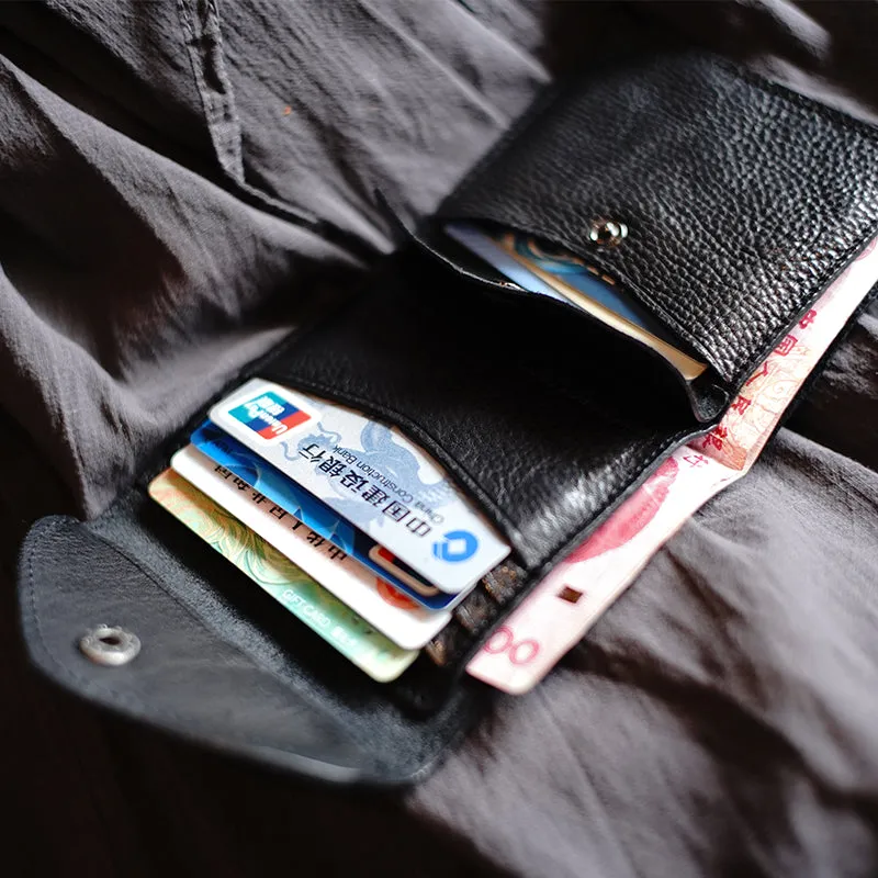 Slim Womens Black Leather Billfold Wallet Small Wallet with Coin Pocket Envelope Wallet for Ladies