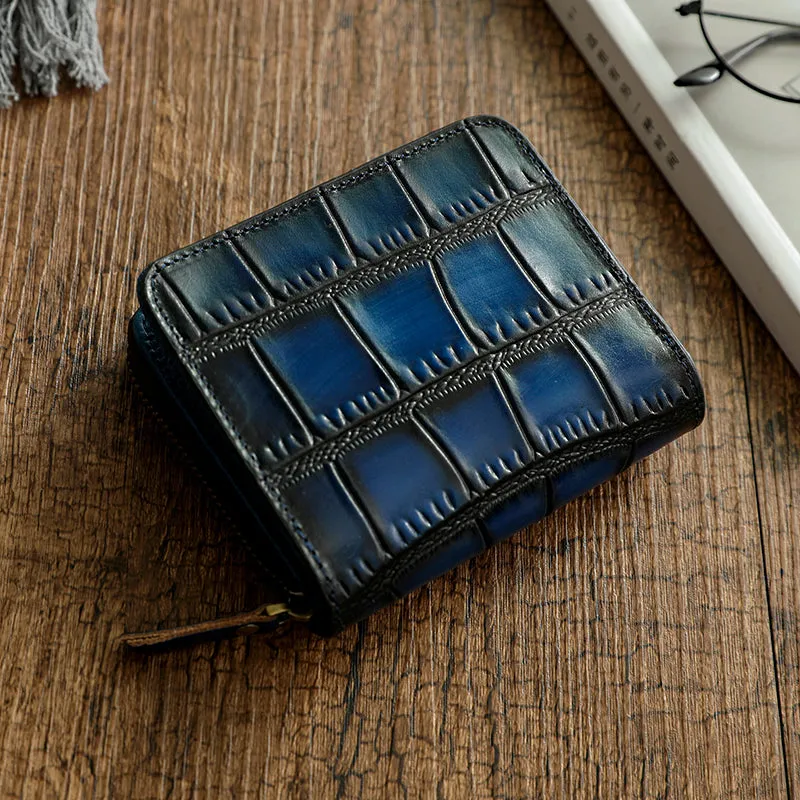 Small Blue Leather Zip Wallet Crocodile Pattern Womens Zip Around Wallets Zipper Clutch Wallet for Women