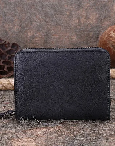 Small Brown Leather Bifold Wallet Vintage Billfold Cute Women Zip Wallet For Ladies
