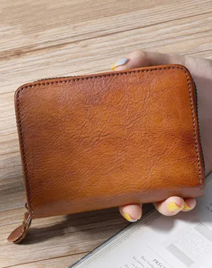 Small Brown Leather Bifold Wallet Vintage Billfold Cute Women Zip Wallet For Ladies