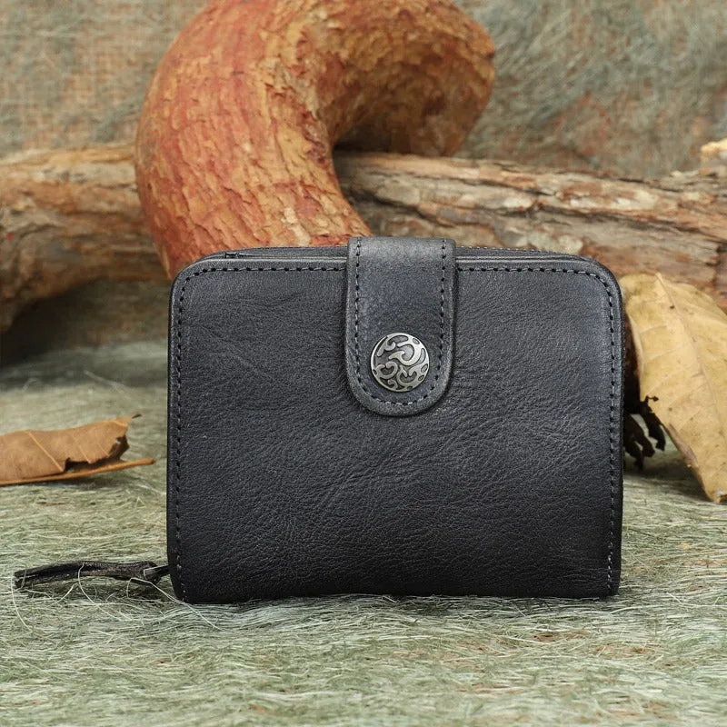 Small Green Leather Trifold Wallet Vintage Billfold Cute Women Buckle Wallet For Ladies