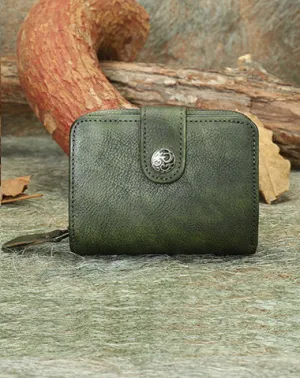 Small Green Leather Trifold Wallet Vintage Billfold Cute Women Buckle Wallet For Ladies