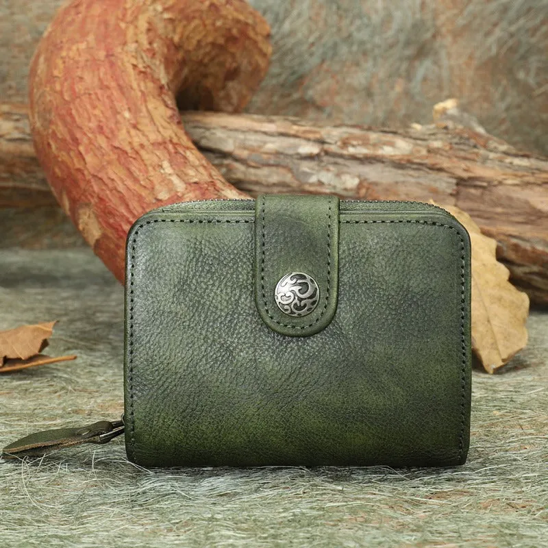 Small Green Leather Trifold Wallet Vintage Billfold Cute Women Buckle Wallet For Ladies