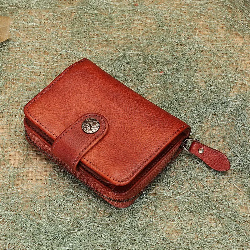 Small Green Leather Trifold Wallet Vintage Billfold Cute Women Buckle Wallet For Ladies