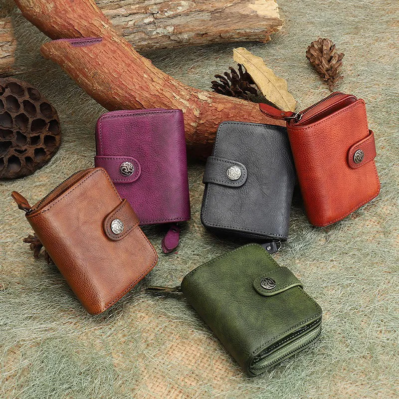 Small Green Leather Trifold Wallet Vintage Billfold Cute Women Buckle Wallet For Ladies