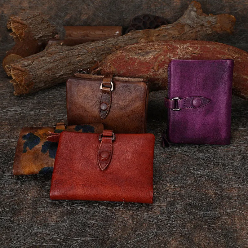 Small Leather Bifold Wallet Vintage Billfold Cute Women Buckle Wallet For Ladies