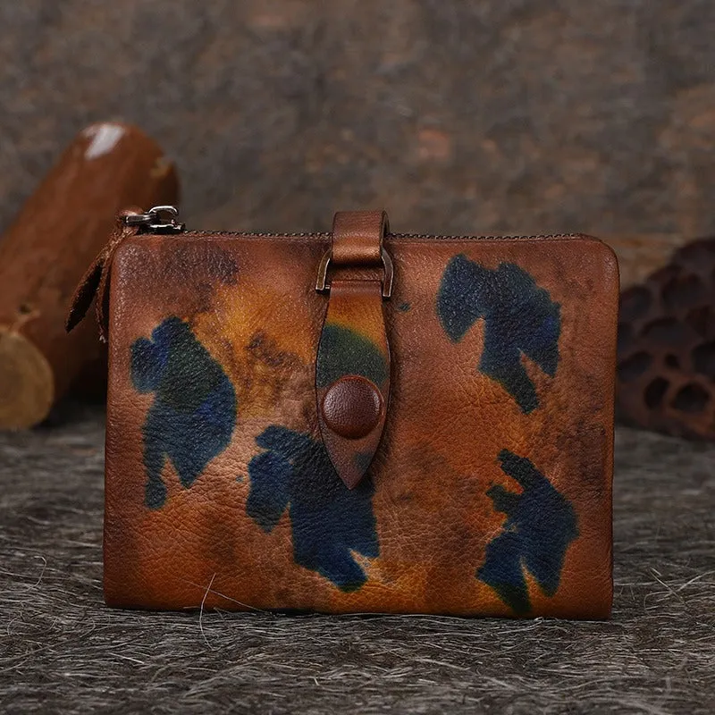 Small Leather Bifold Wallet Vintage Billfold Cute Women Buckle Wallet For Ladies