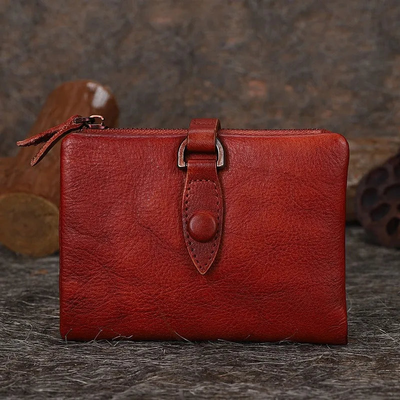 Small Leather Bifold Wallet Vintage Billfold Cute Women Buckle Wallet For Ladies