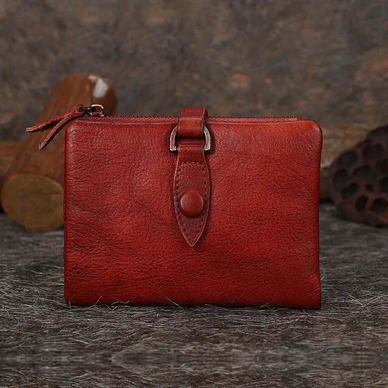 Small Leather Bifold Wallet Vintage Billfold Cute Women Buckle Wallet For Ladies