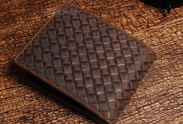 Vintage Billfold Leather Wallet Braided Leather Pattern Billfold Wallet for Men Women