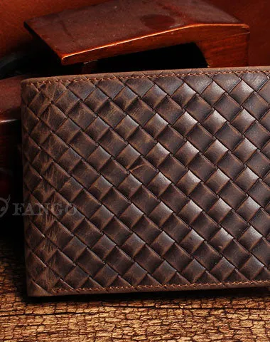 Vintage Billfold Leather Wallet Braided Leather Pattern Billfold Wallet for Men Women