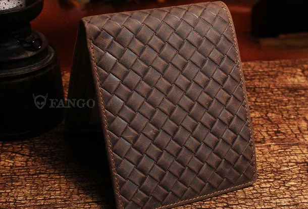 Vintage Billfold Leather Wallet Braided Leather Pattern Billfold Wallet for Men Women