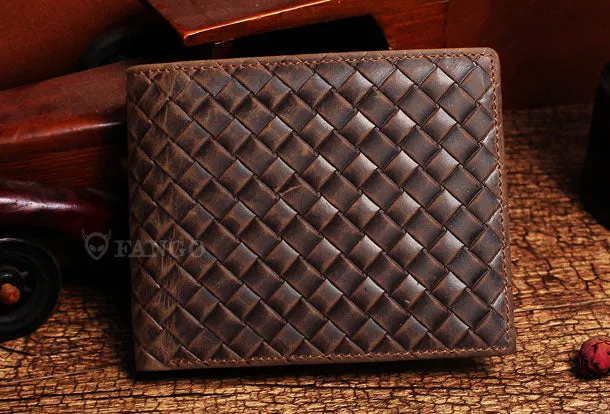 Vintage Billfold Leather Wallet Braided Leather Pattern Billfold Wallet for Men Women