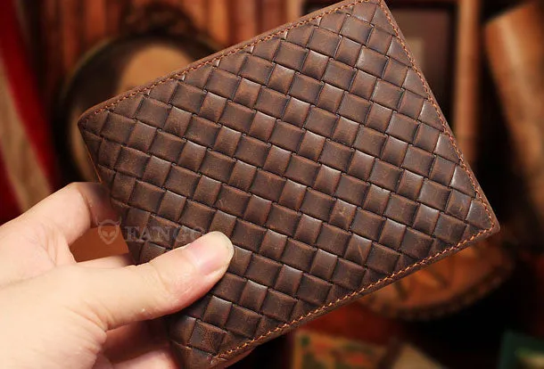 Vintage Billfold Leather Wallet Braided Leather Pattern Billfold Wallet for Men Women