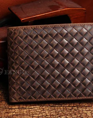 Vintage Billfold Leather Wallet Braided Leather Pattern Billfold Wallet for Men Women