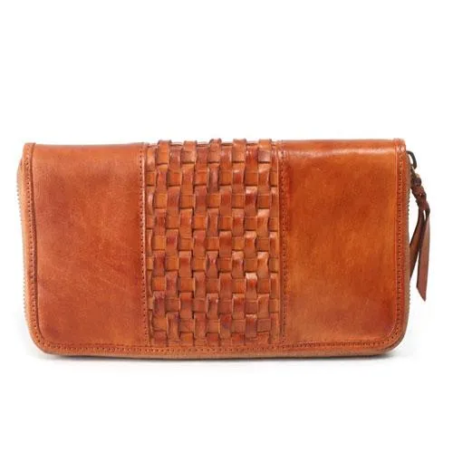 Vintage Brown Braided Leather Long Zipper Clutch Wallet Phone Purse Clutch For Women
