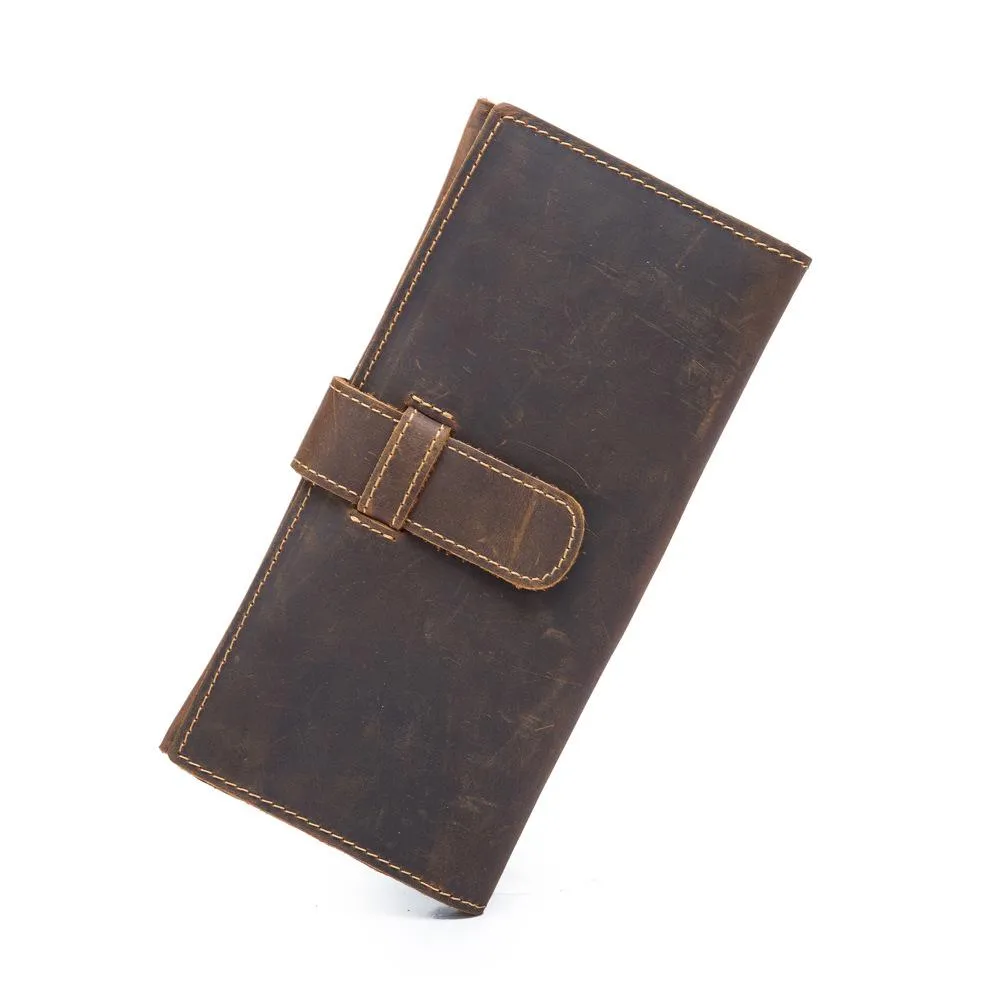 Vintage Brown Leather Men's Bifold Long Wallet Slim Multi Cards Long Wallet For Men