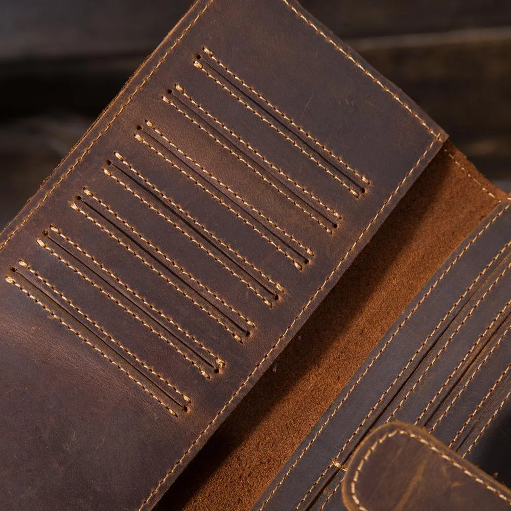 Vintage Brown Leather Men's Bifold Long Wallet Slim Multi Cards Long Wallet For Men