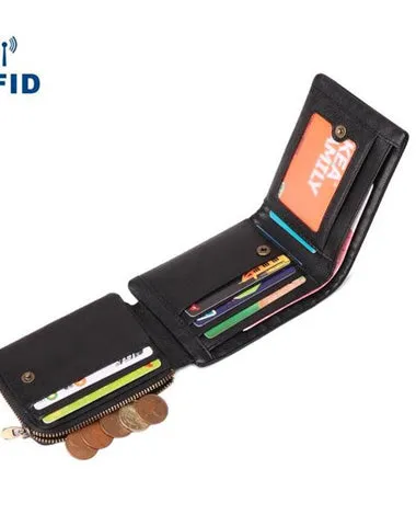 Vintage Brown Trifold Leather Men's Small Wallet RFID Black billfold Wallet For Men