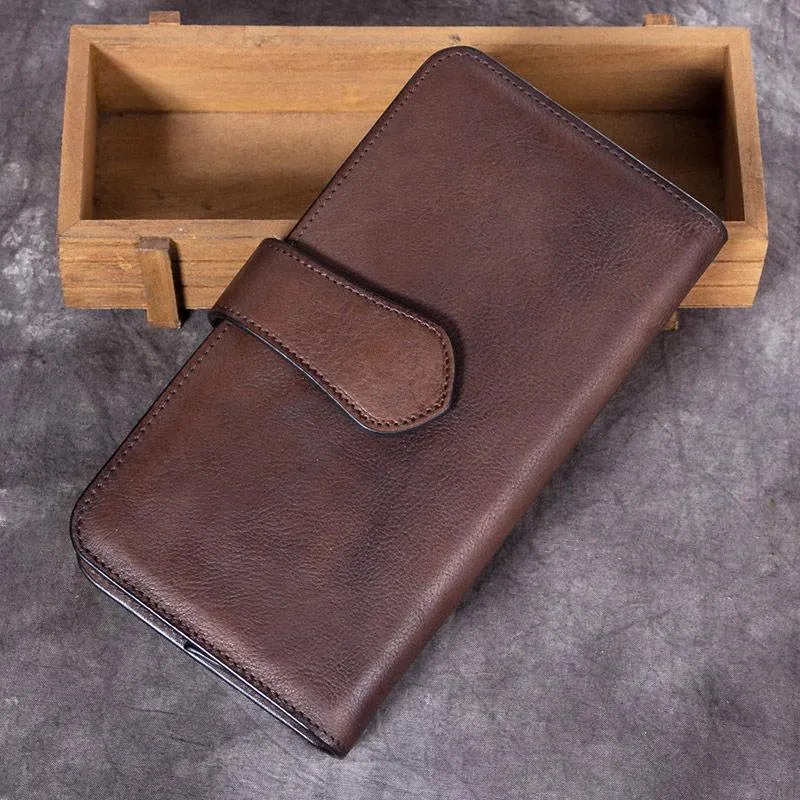 Vintage Gray Mens Leather Long Wallet Bifold Card Wallet Coffee Long Wallet for Men