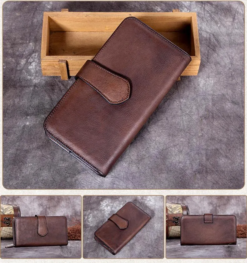 Vintage Gray Mens Leather Long Wallet Bifold Card Wallet Coffee Long Wallet for Men