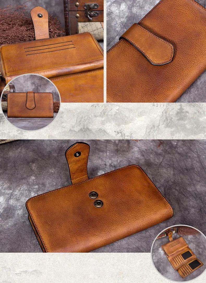 Vintage Gray Mens Leather Long Wallet Bifold Card Wallet Coffee Long Wallet for Men