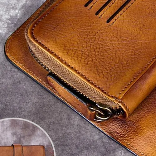 Vintage Gray Mens Leather Long Wallet Bifold Card Wallet Coffee Long Wallet for Men