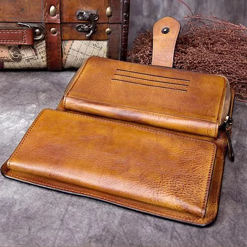 Vintage Gray Mens Leather Long Wallet Bifold Card Wallet Coffee Long Wallet for Men