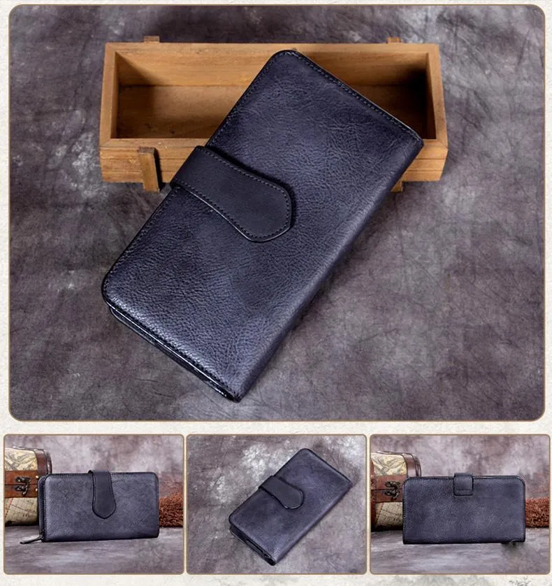 Vintage Gray Mens Leather Long Wallet Bifold Card Wallet Coffee Long Wallet for Men