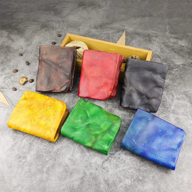 Vintage Handmade Red Mens Leather Bifold billfold Wallet Green Small Wallet for Men