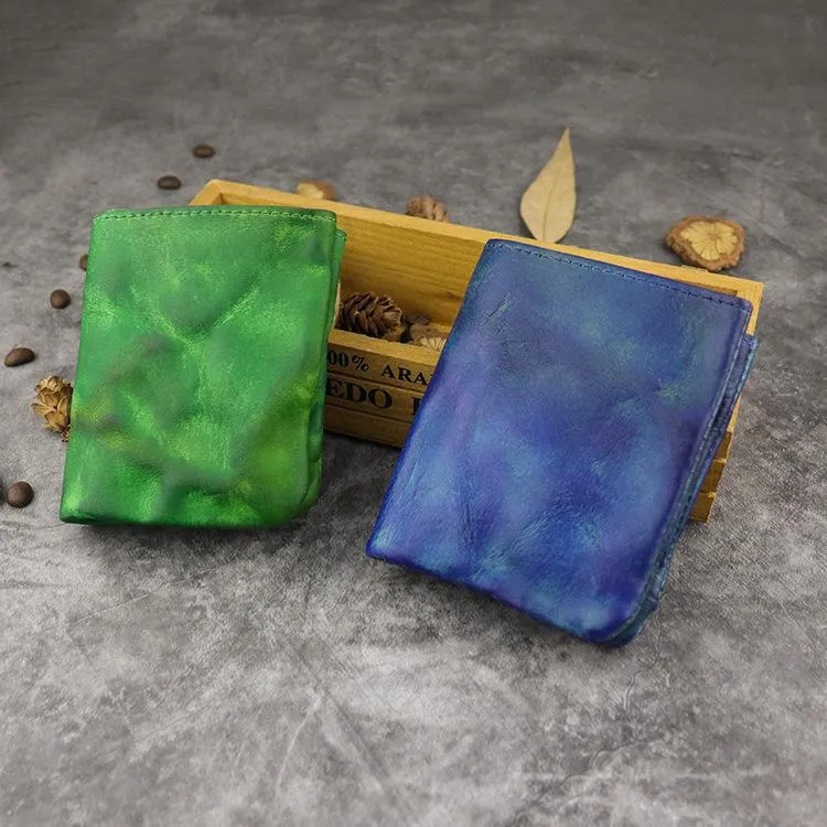 Vintage Handmade Red Mens Leather Bifold billfold Wallet Green Small Wallet for Men
