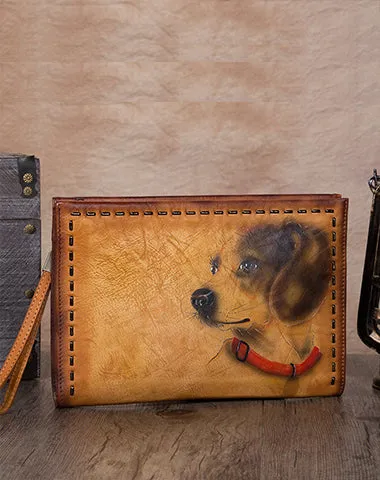 Vintage Handmade Tan Leather Wristlet Wallet Womens Lion Large Zip Purse Zipper Clutch Bag for Women