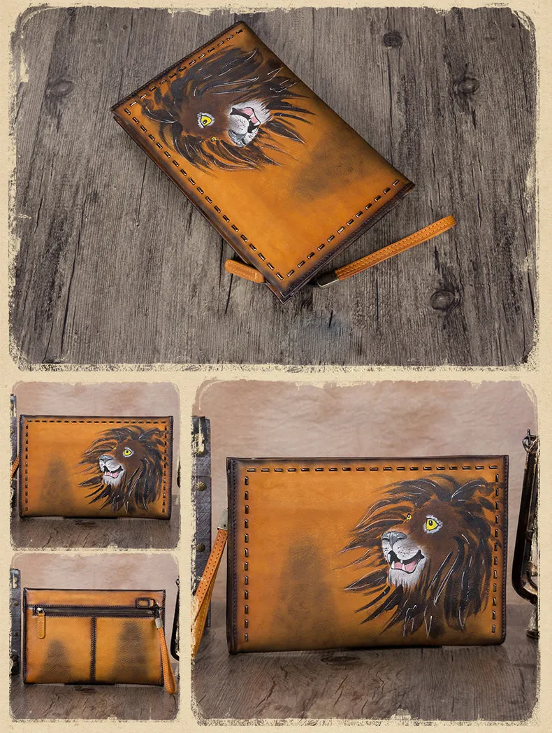 Vintage Handmade Tan Leather Wristlet Wallet Womens Lion Large Zip Purse Zipper Clutch Bag for Women
