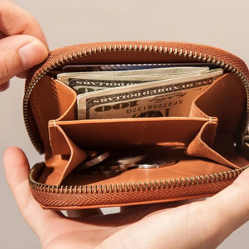 Vintage Leather Mens Small Wallet Zipper Card billfold Coin Wallet for Men