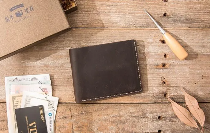 Vintage Leather Mens Small Wallets Bifold Slim billfold Front Pocket Wallet for Men