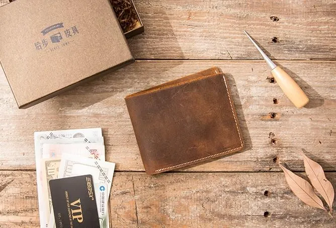 Vintage Leather Mens Small Wallets Bifold Slim billfold Front Pocket Wallet for Men