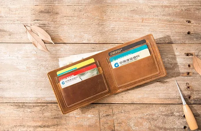 Vintage Leather Mens Small Wallets Bifold Slim billfold Front Pocket Wallet for Men