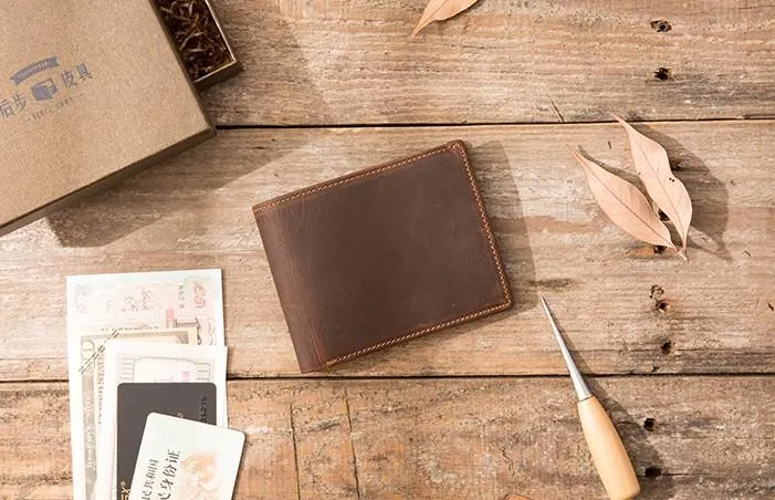Vintage Leather Mens Small Wallets Bifold Slim billfold Wallet for Men