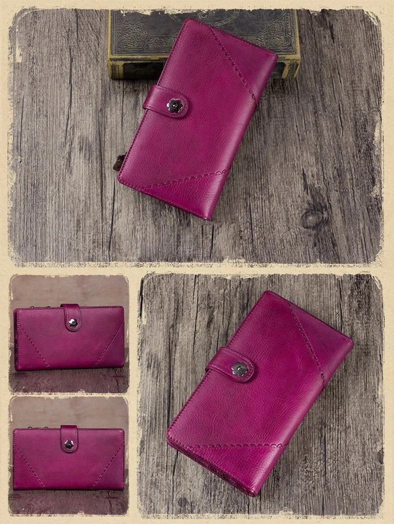 Vintage Leather Womens Purple Long Clutch Wallet Brown Bifold Purse Long Wallet for Ladies