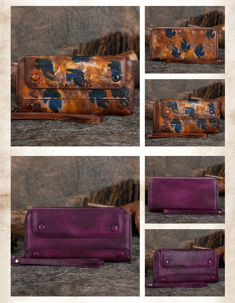 Vintage Leather Wristlet Wallets Womens Zip Around Wallet Ladies Bifold Clutch Wallet for Women