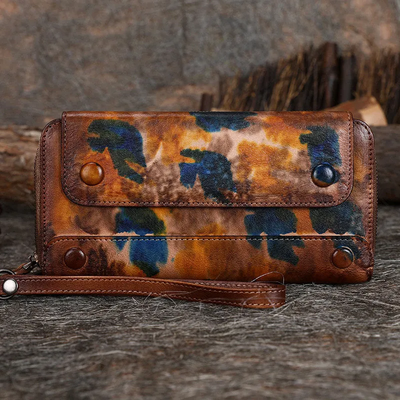 Vintage Leather Wristlet Wallets Womens Zip Around Wallet Ladies Bifold Clutch Wallet for Women