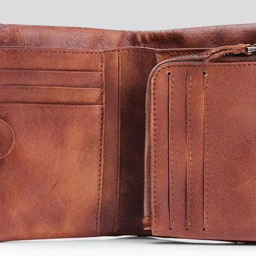 Vintage Mens Cool Small Leather Trifold Wallet Men billfold Zipper Wallets for Men