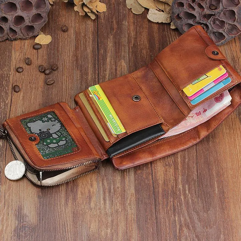 Vintage Mens Cool Small Leather Trifold Wallet Men billfold Zipper Wallets for Men
