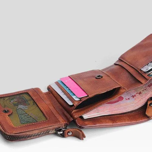 Vintage Mens Cool Small Leather Trifold Wallet Men billfold Zipper Wallets for Men