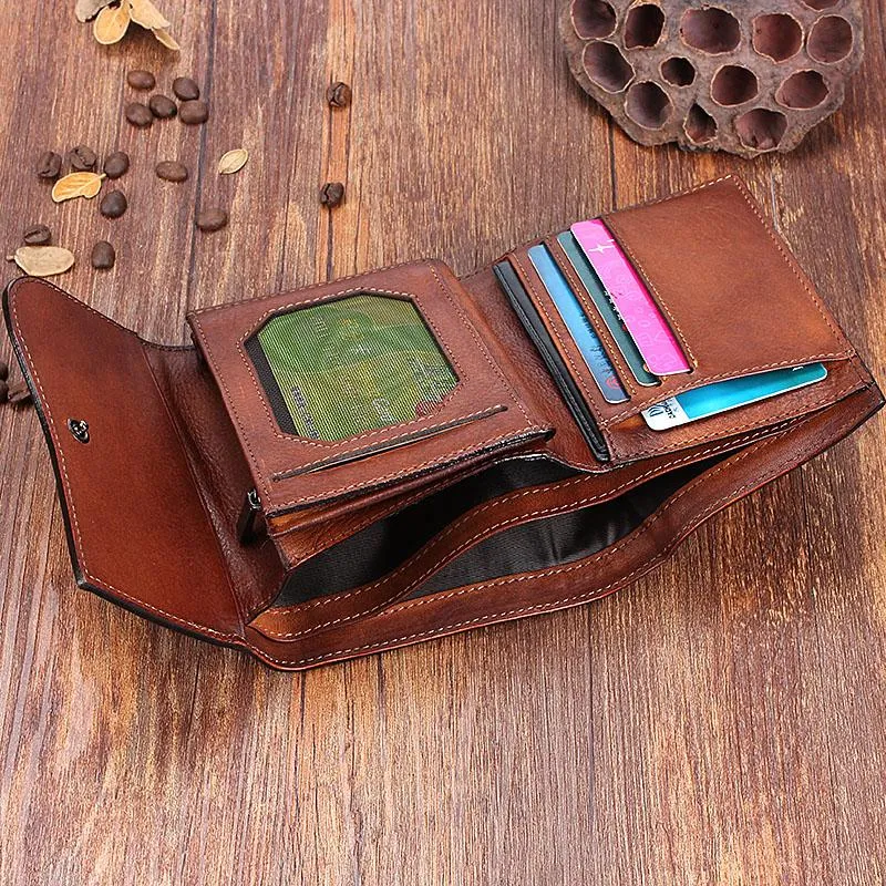 Vintage Mens Cool Small Trifold Leather Wallet Men billfold Zipper Wallets for Men